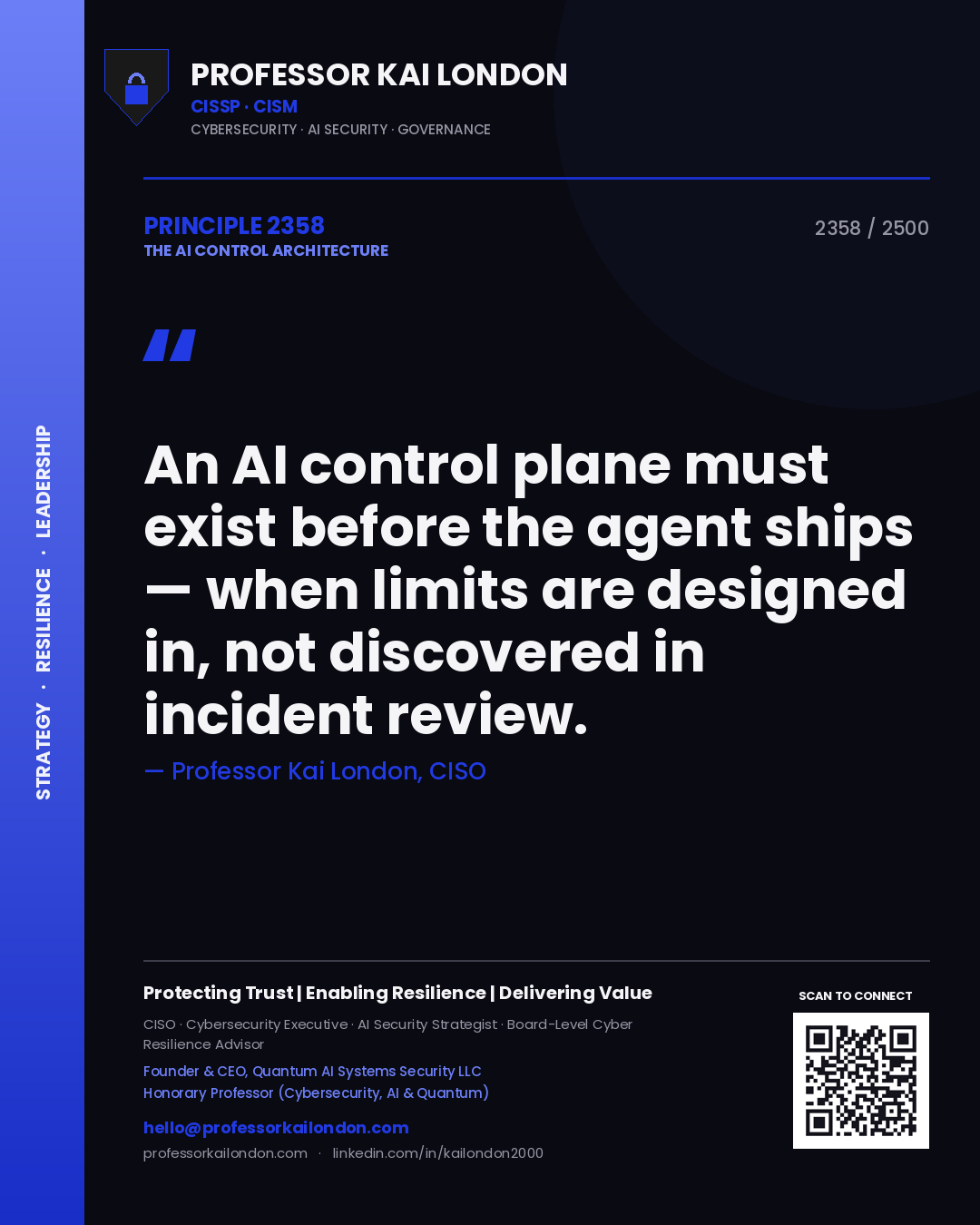 Quote card by Professor Kai London reading 'An AI control plane must exist before the agent ships — when limits are designed in, not discovered in incident review.'. From the book The AI Control Architecture.
