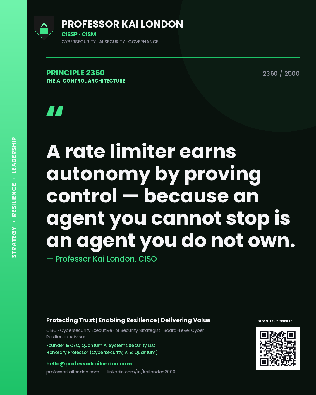 Quote card by Professor Kai London reading 'A rate limiter earns autonomy by proving control — because an agent you cannot stop is an agent you do not own.'. From the book The AI Control Architecture.