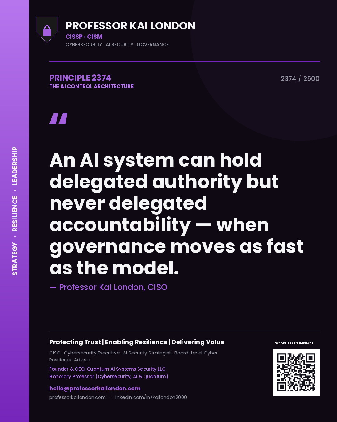 Professor Kai London principle 2374: An AI system can hold delegated authority but never delegated accountability — when governance moves as fast as the model.