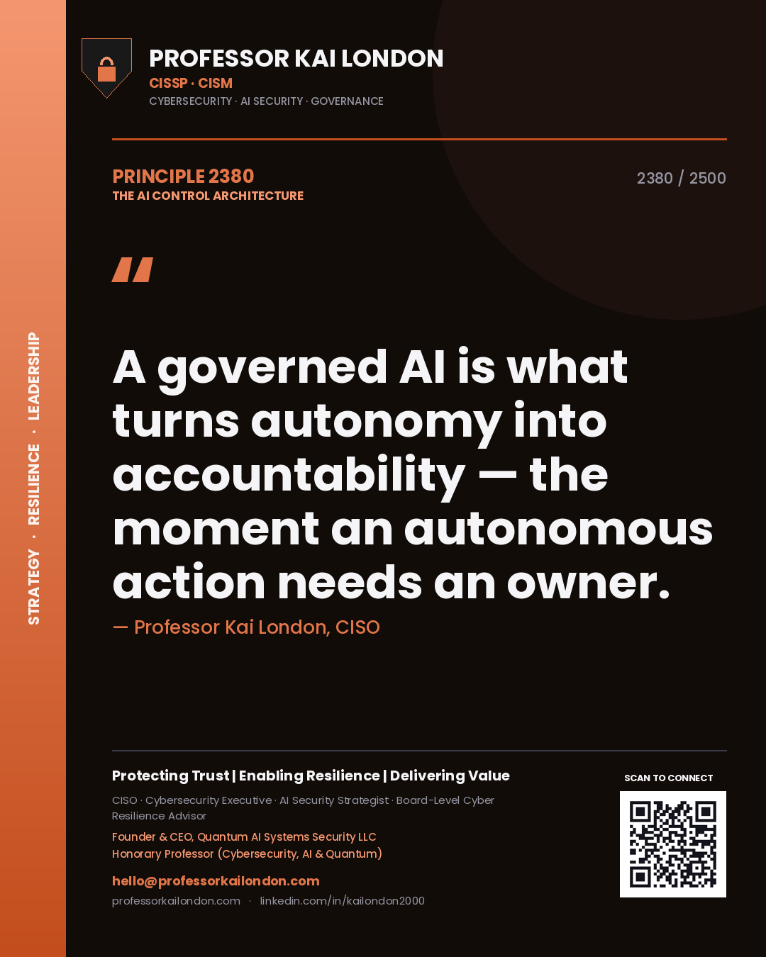 Professor Kai London principle 2380: A governed AI is what turns autonomy into accountability — the moment an autonomous action needs an owner.