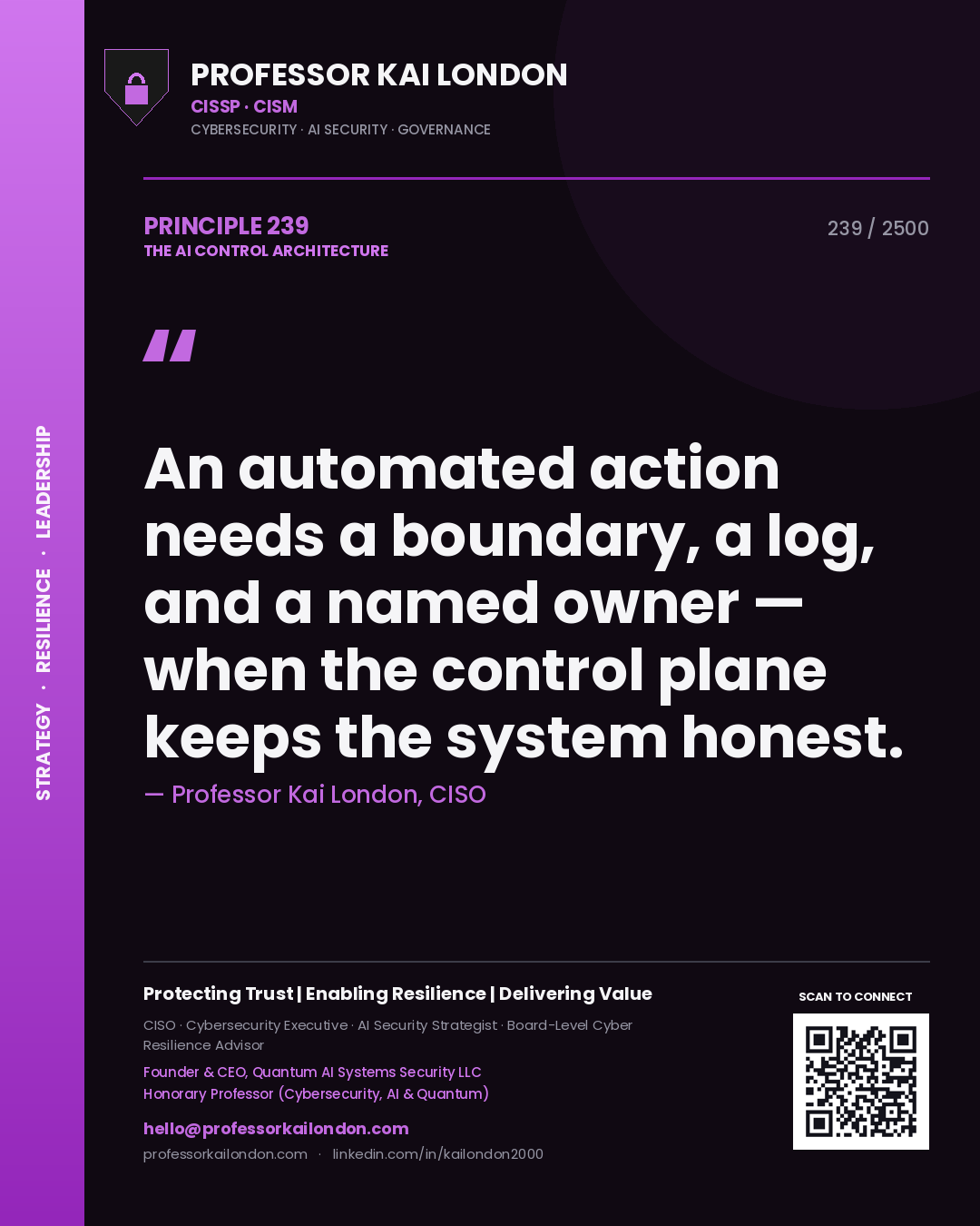 Professor Kai London principle 239: An automated action needs a boundary, a log, and a named owner — when the control plane keeps the system honest.