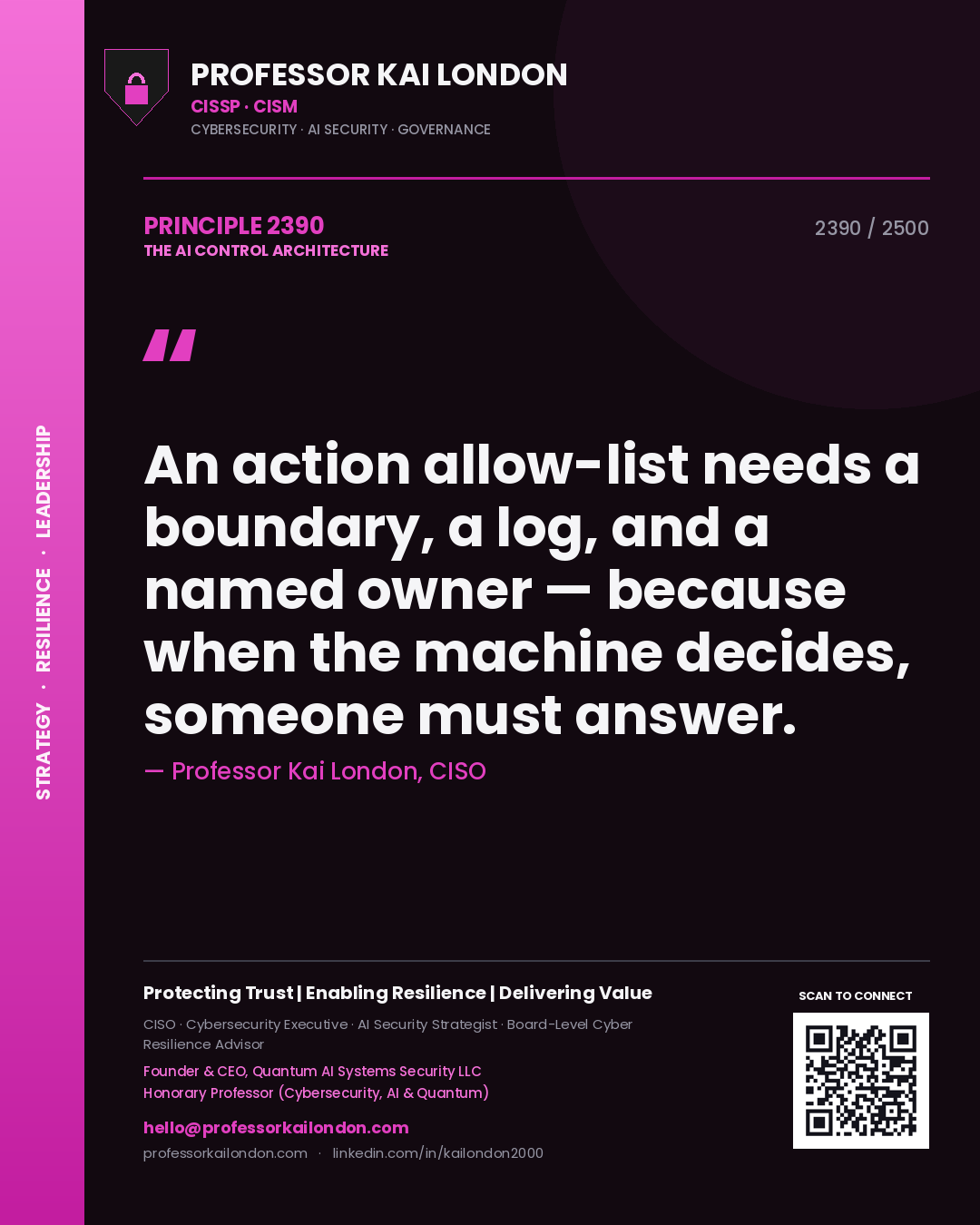 Quote card by Professor Kai London reading 'An action allow-list needs a boundary, a log, and a named owner — because when the machine decides, someone must answer.'. From the book The AI Control Architecture.