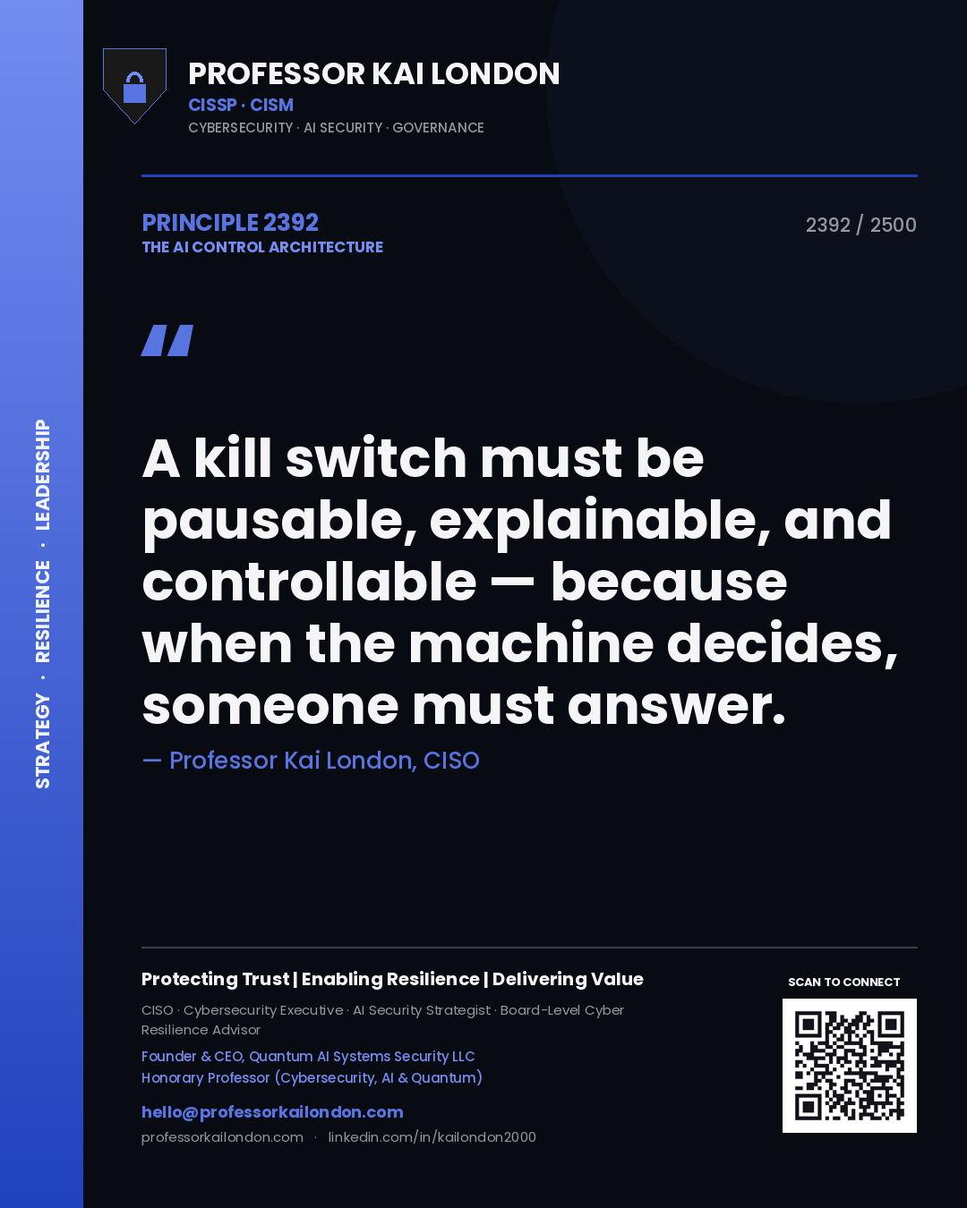 Quote card by Professor Kai London reading 'A kill switch must be pausable, explainable, and controllable — because when the machine decides, someone must answer.'. From the book The AI Control Architecture.