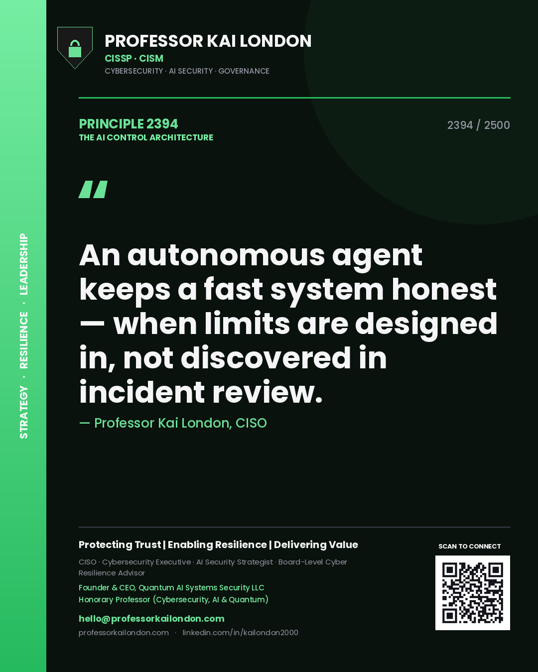 Professor Kai London principle 2394: An autonomous agent keeps a fast system honest — when limits are designed in, not discovered in incident review.