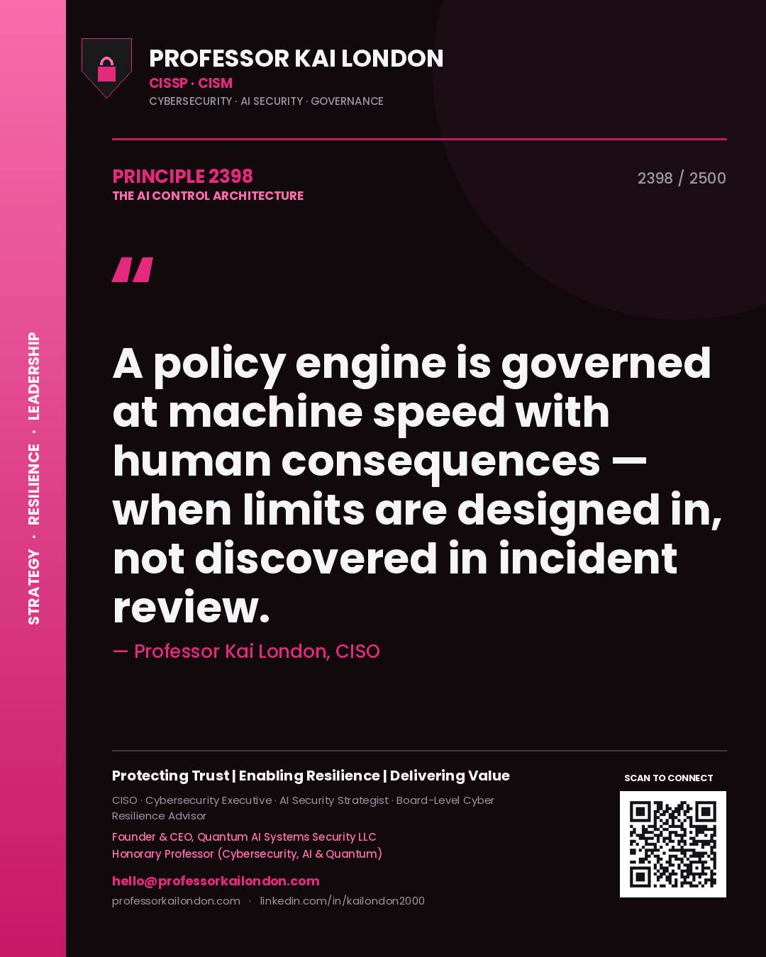 Quote card by Professor Kai London reading 'A policy engine is governed at machine speed with human consequences — when limits are designed in, not discovered in incident review.'. From the book The AI Control Architecture.