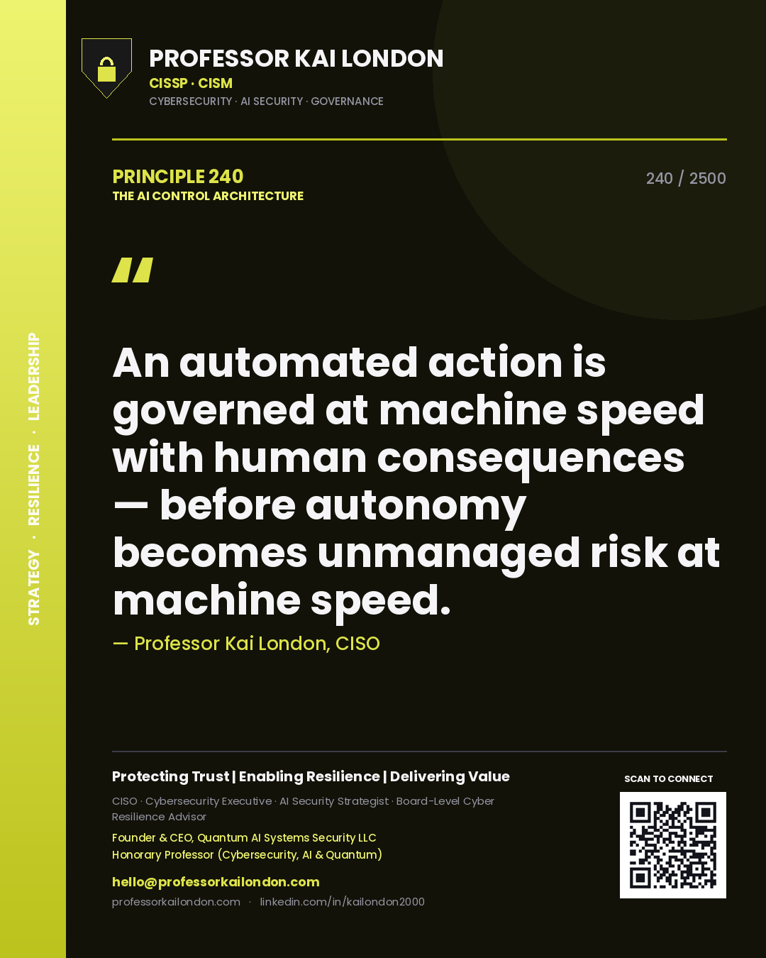 Professor Kai London principle 240: An automated action is governed at machine speed with human consequences — before autonomy becomes unmanaged risk at machine speed.