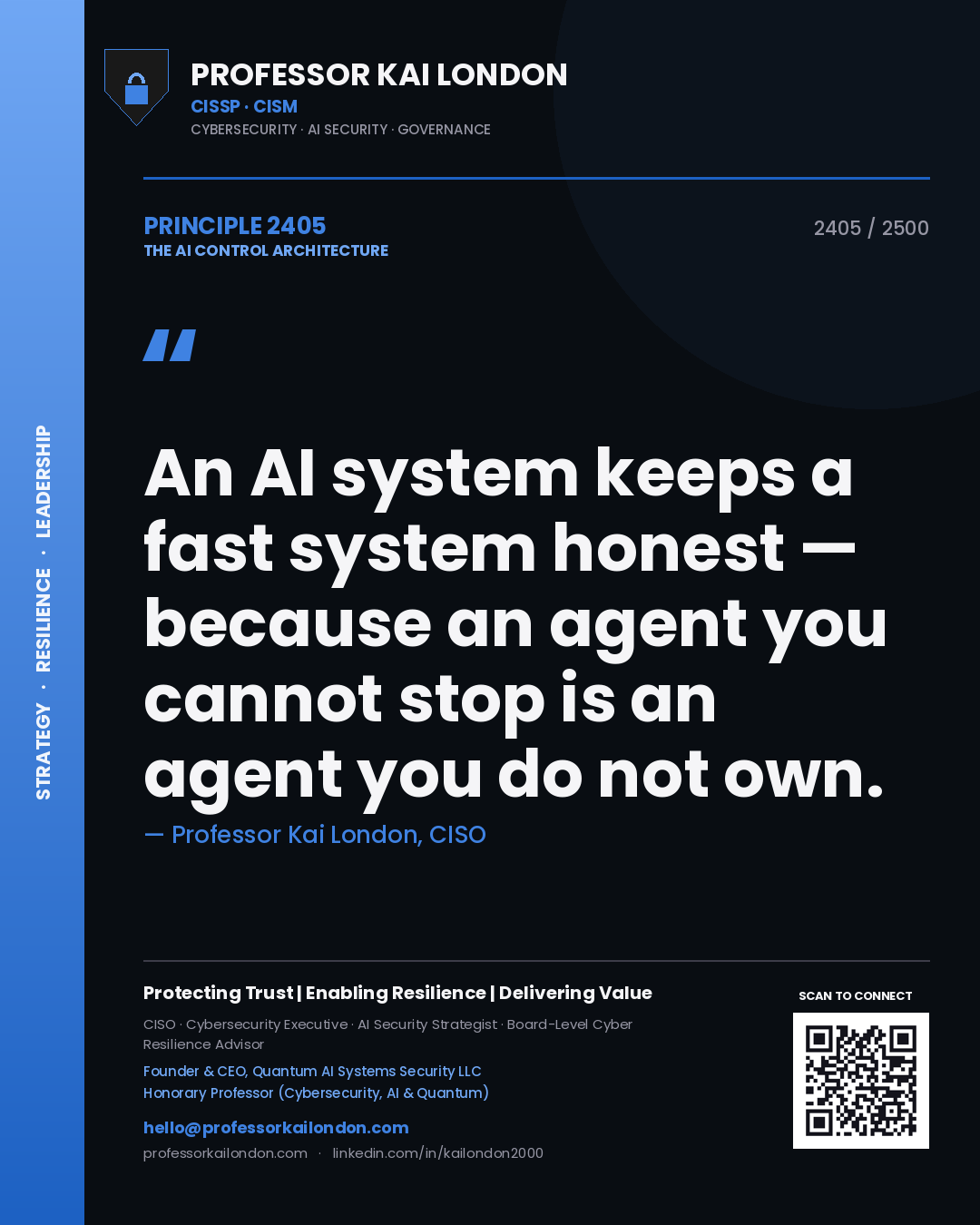 Quote card by Professor Kai London reading 'An AI system keeps a fast system honest — because an agent you cannot stop is an agent you do not own.'. From the book The AI Control Architecture.