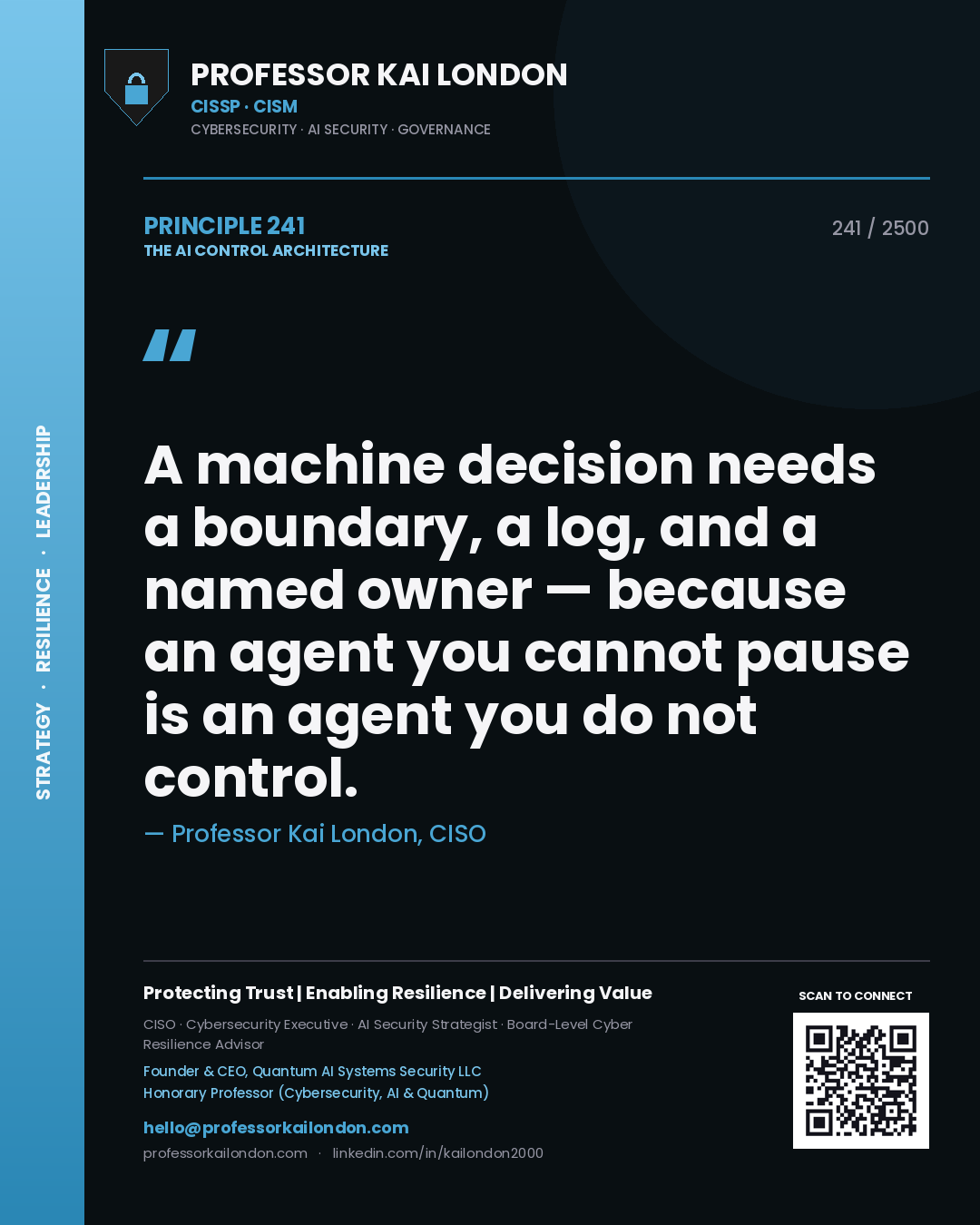 Quote card by Professor Kai London reading 'A machine decision needs a boundary, a log, and a named owner — because an agent you cannot pause is an agent you do not control.'. From the book The AI Control Architecture.
