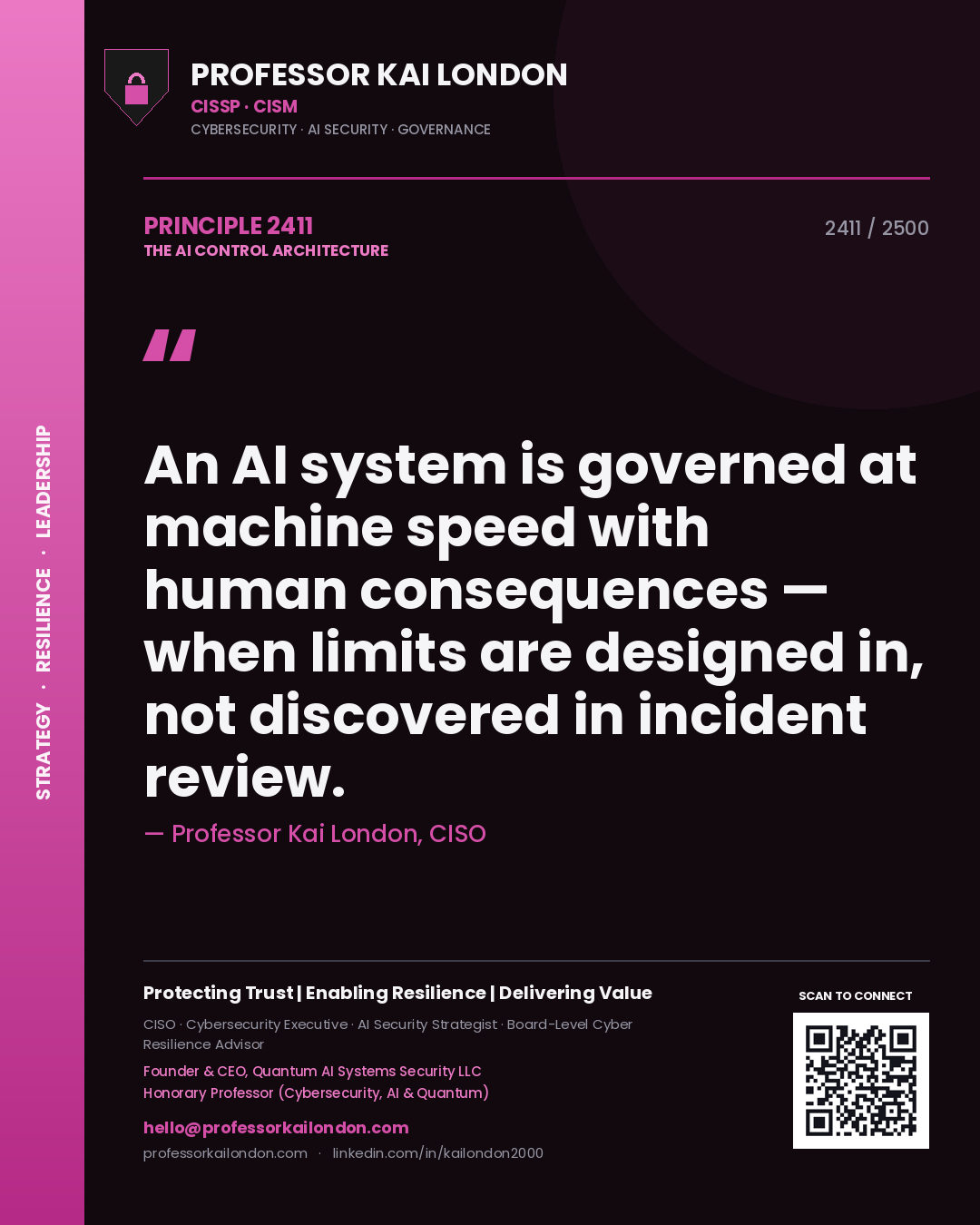 Quote card by Professor Kai London reading 'An AI system is governed at machine speed with human consequences — when limits are designed in, not discovered in incident review.'. From the book The AI Control Architecture.