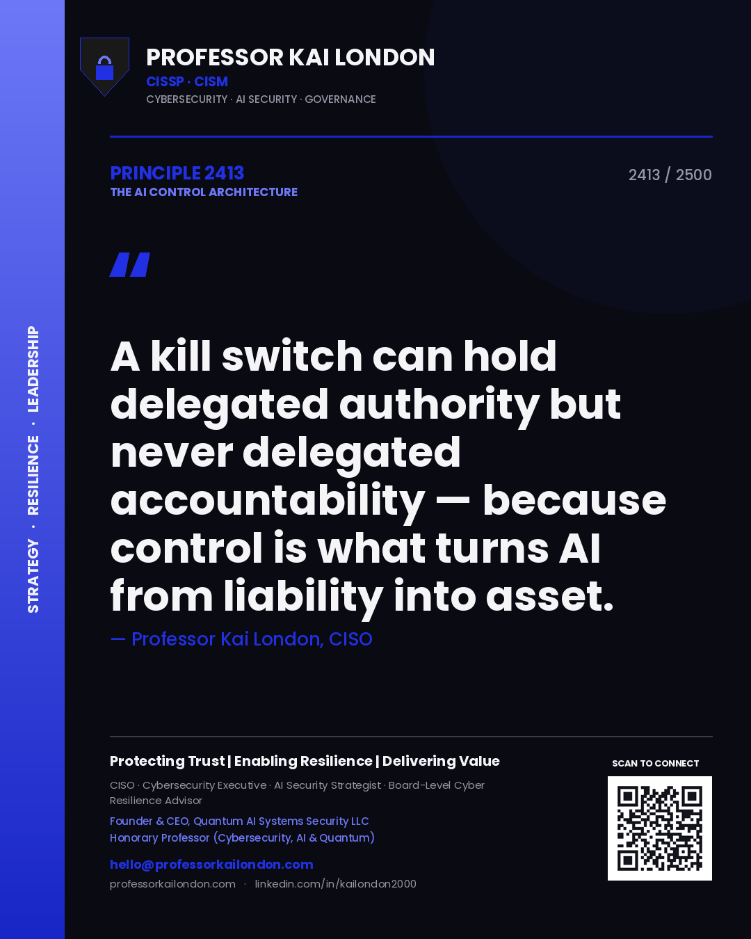 Professor Kai London principle 2413: A kill switch can hold delegated authority but never delegated accountability — because control is what turns AI from liability into asset.