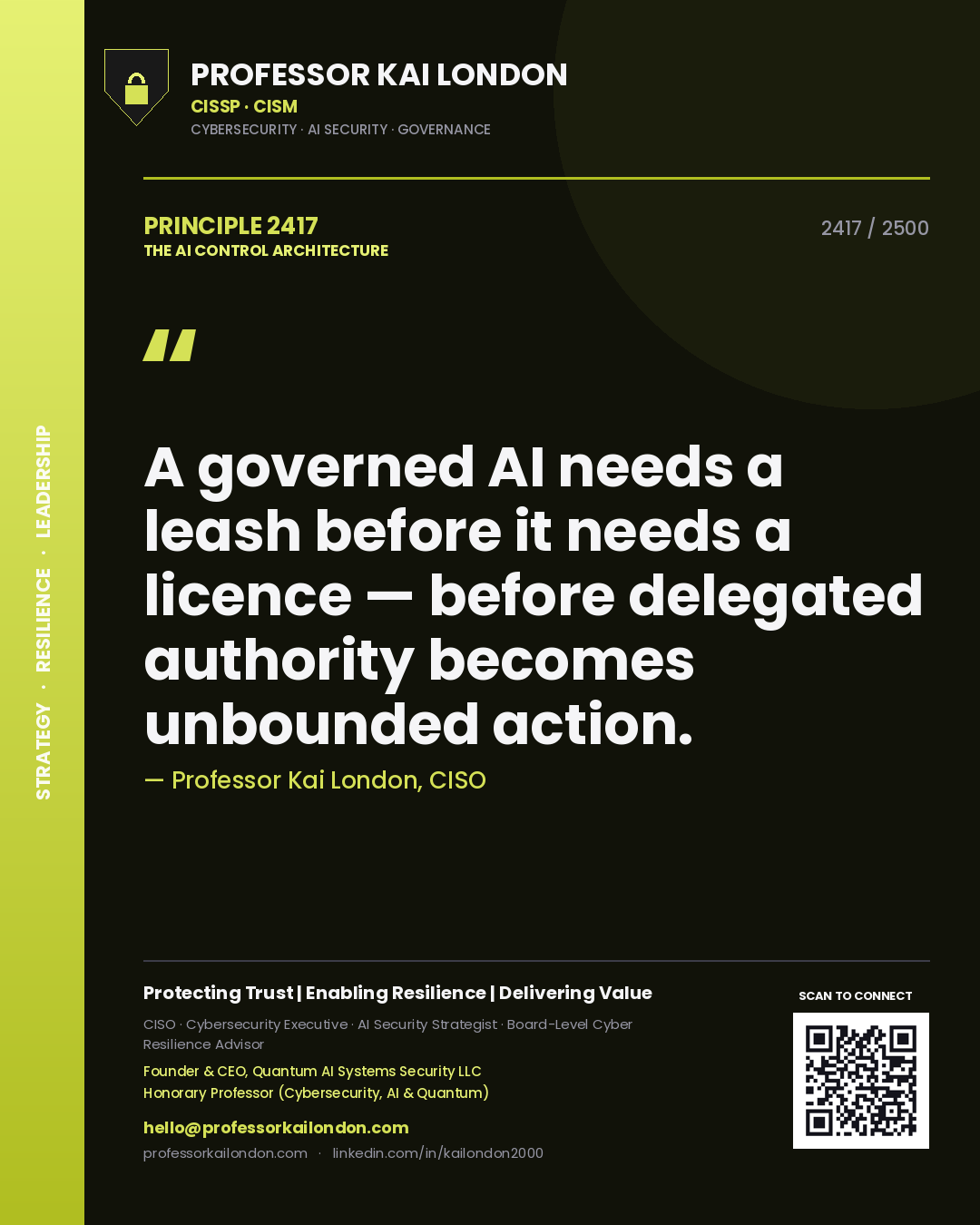 Quote card by Professor Kai London reading 'A governed AI needs a leash before it needs a licence — before delegated authority becomes unbounded action.'. From the book The AI Control Architecture.