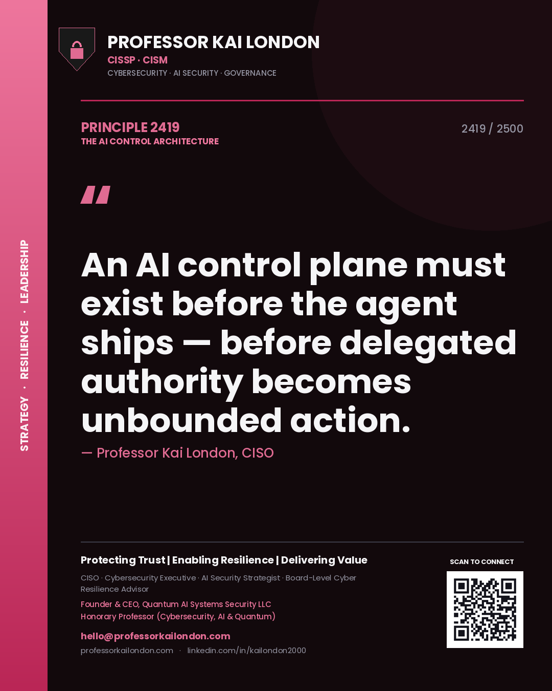 Professor Kai London principle 2419: An AI control plane must exist before the agent ships — before delegated authority becomes unbounded action.