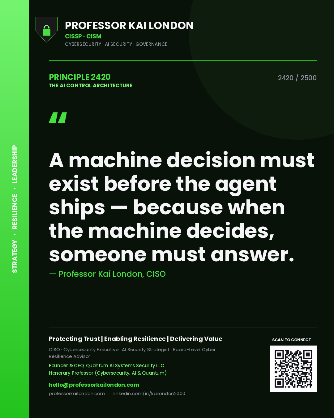 Professor Kai London principle 2420: A machine decision must exist before the agent ships — because when the machine decides, someone must answer.