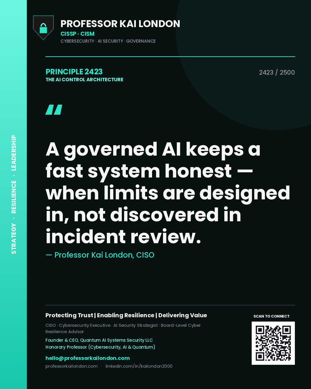 Professor Kai London principle 2423: A governed AI keeps a fast system honest — when limits are designed in, not discovered in incident review.
