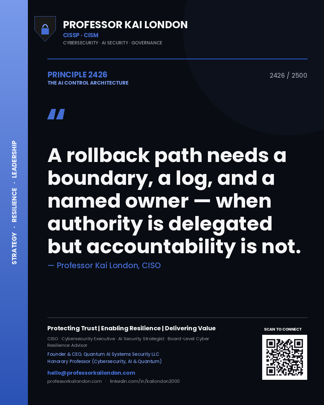 Professor Kai London principle 2426: A rollback path needs a boundary, a log, and a named owner — when authority is delegated but accountability is not.