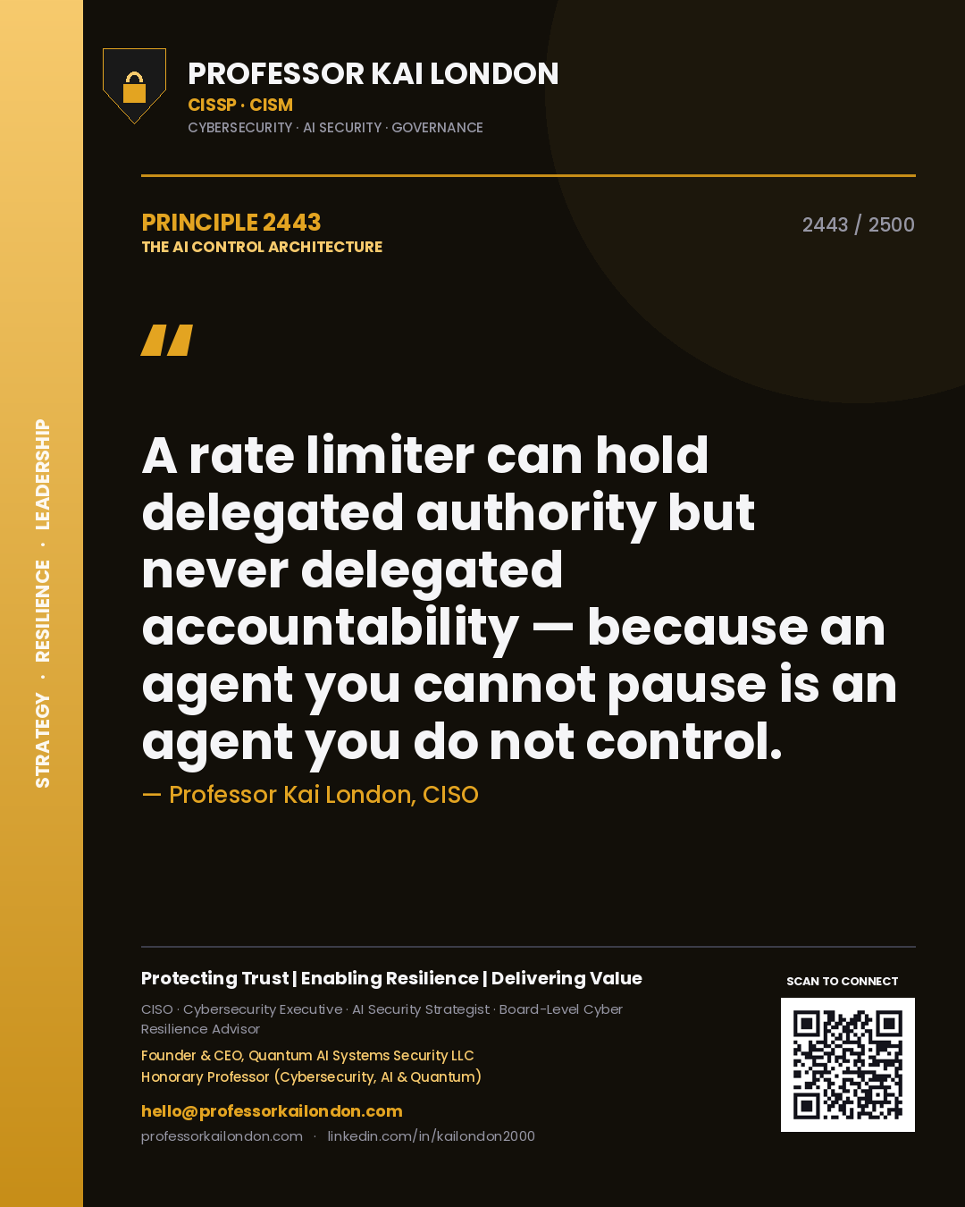 Quote card by Professor Kai London reading 'A rate limiter can hold delegated authority but never delegated accountability — because an agent you cannot pause is an agent you do not control.'. From the book The AI Control Architecture.