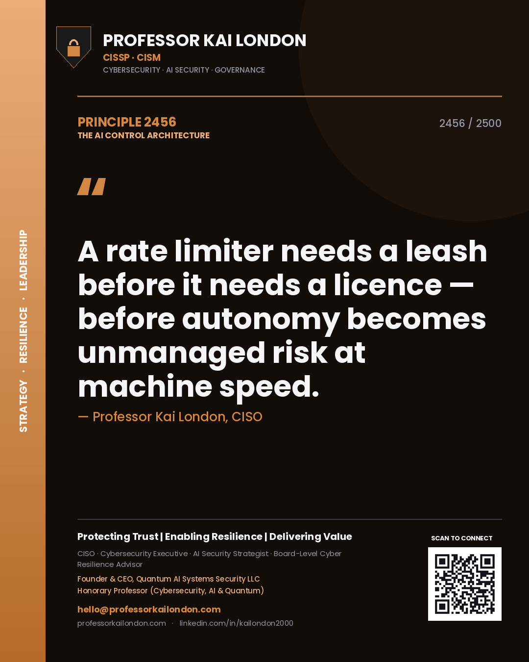 Quote card by Professor Kai London reading 'A rate limiter needs a leash before it needs a licence — before autonomy becomes unmanaged risk at machine speed.'. From the book The AI Control Architecture.