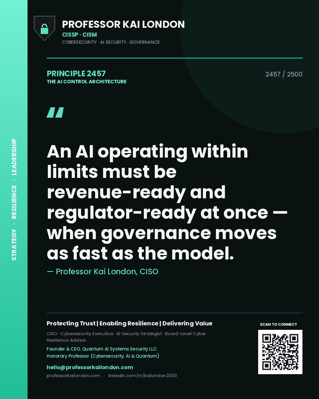 Quote card by Professor Kai London reading 'An AI operating within limits must be revenue-ready and regulator-ready at once — when governance moves as fast as the model.'. From the book The AI Control Architecture.
