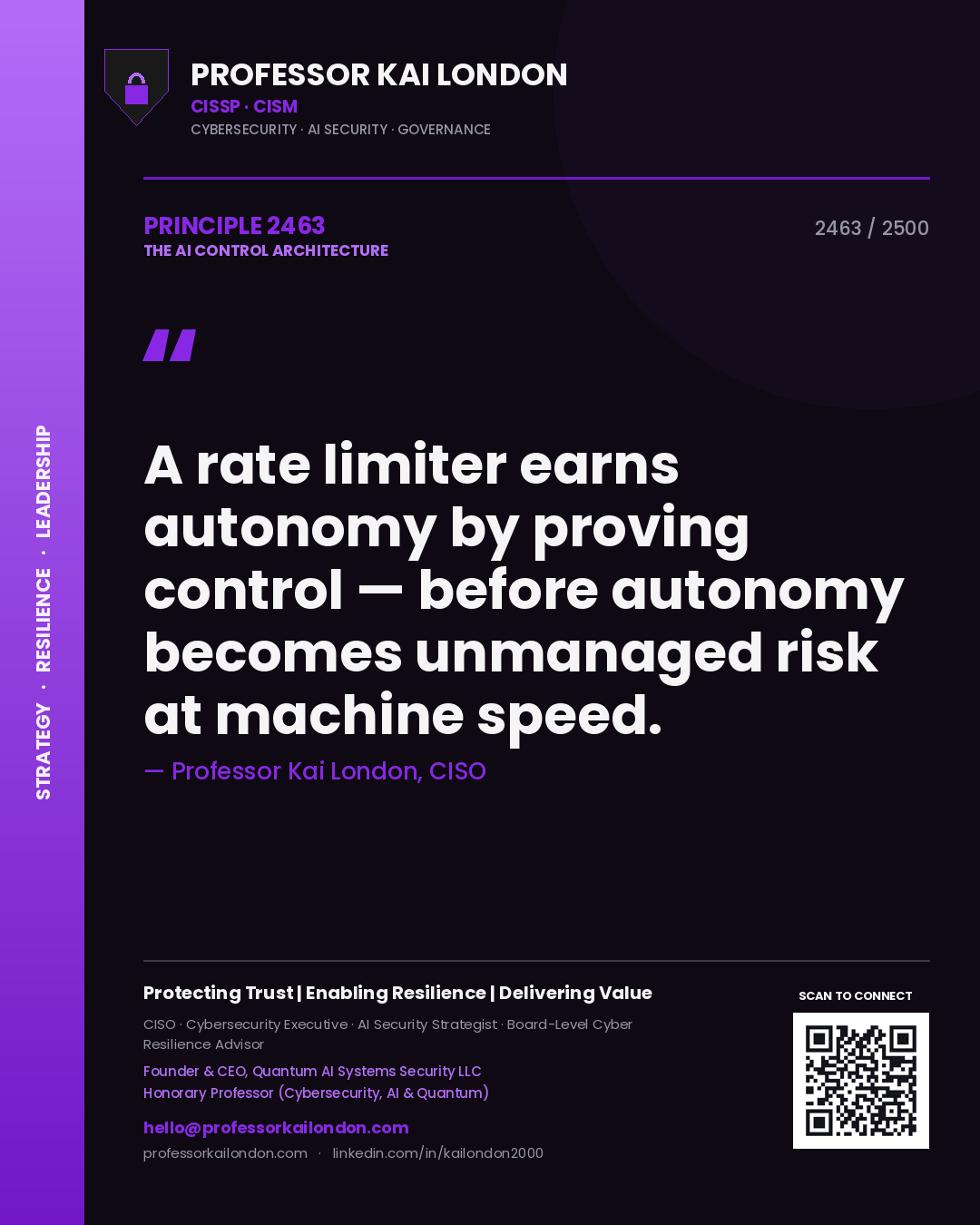 Professor Kai London principle 2463: A rate limiter earns autonomy by proving control — before autonomy becomes unmanaged risk at machine speed.