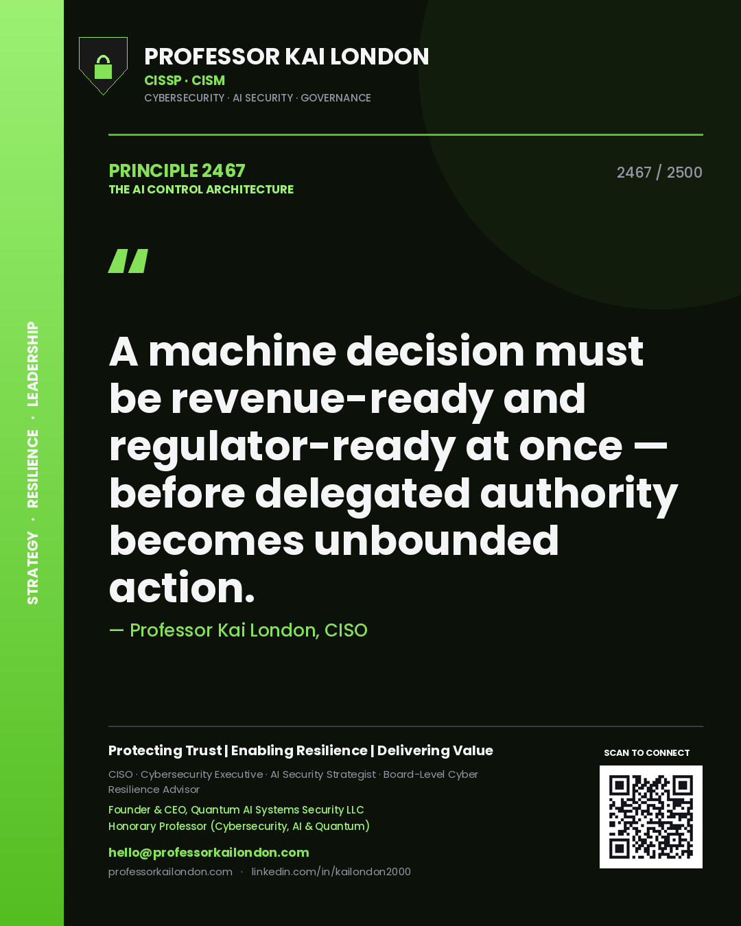 Professor Kai London principle 2467: A machine decision must be revenue-ready and regulator-ready at once — before delegated authority becomes unbounded action.