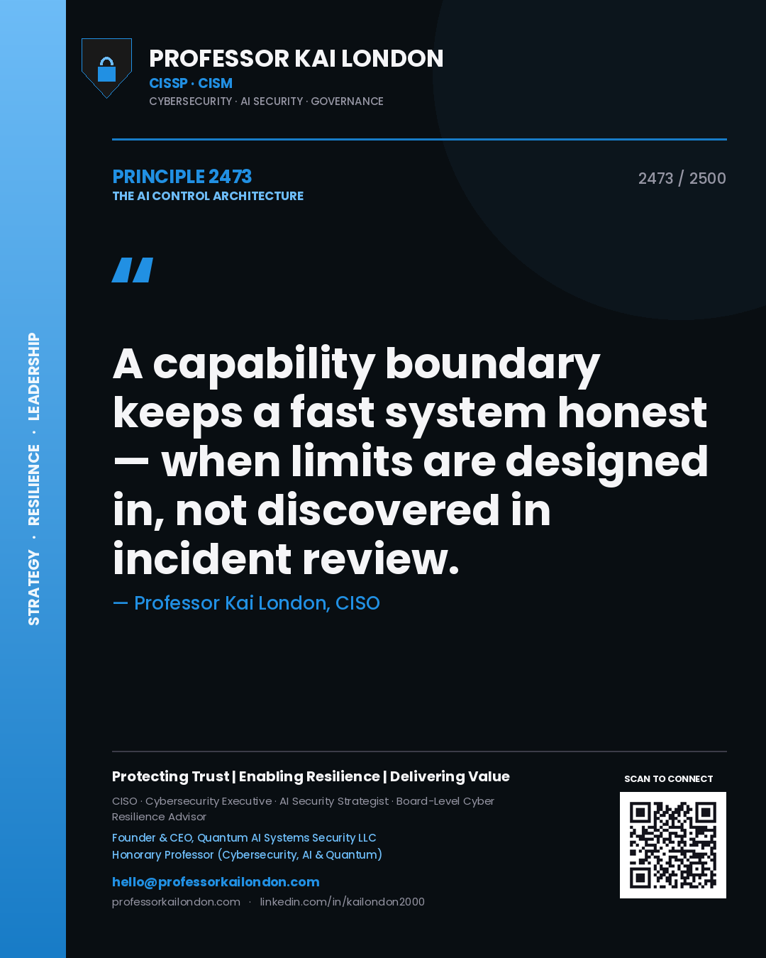 Quote card by Professor Kai London reading 'A capability boundary keeps a fast system honest — when limits are designed in, not discovered in incident review.'. From the book The AI Control Architecture.