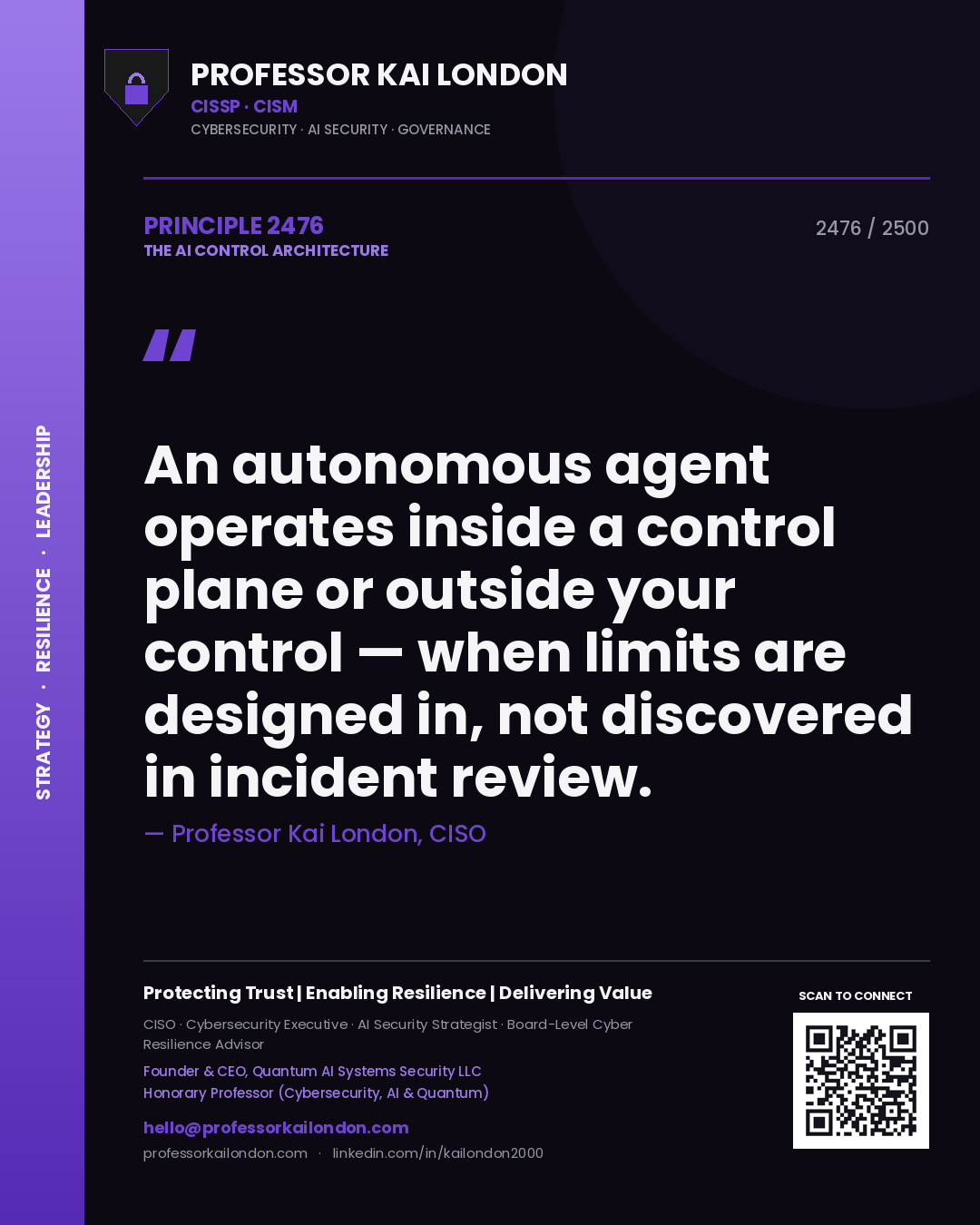 Quote card by Professor Kai London reading 'An autonomous agent operates inside a control plane or outside your control — when limits are designed in, not discovered in incident review.'. From the book The AI Control Architecture.
