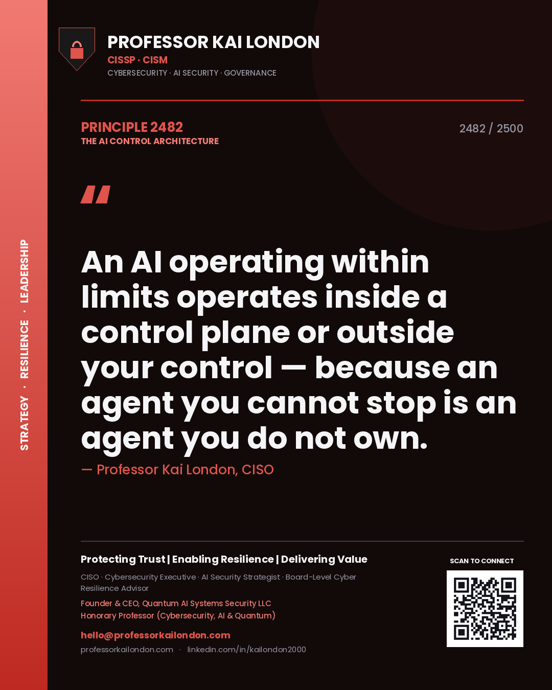 Quote card by Professor Kai London reading 'An AI operating within limits operates inside a control plane or outside your control — because an agent you cannot stop is an agent you do not own.'. From the book The AI Control Architecture.