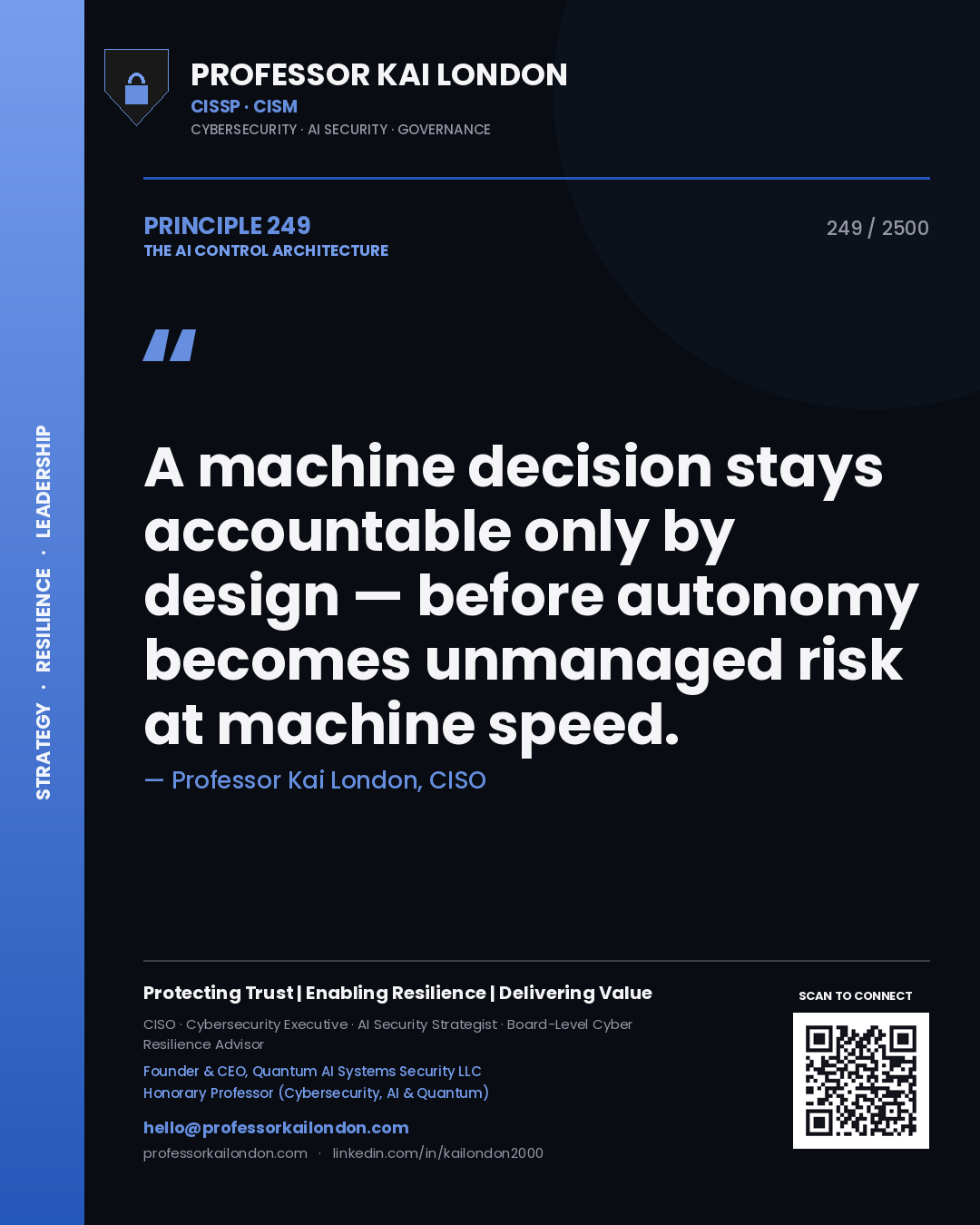 Professor Kai London principle 249: A machine decision stays accountable only by design — before autonomy becomes unmanaged risk at machine speed.