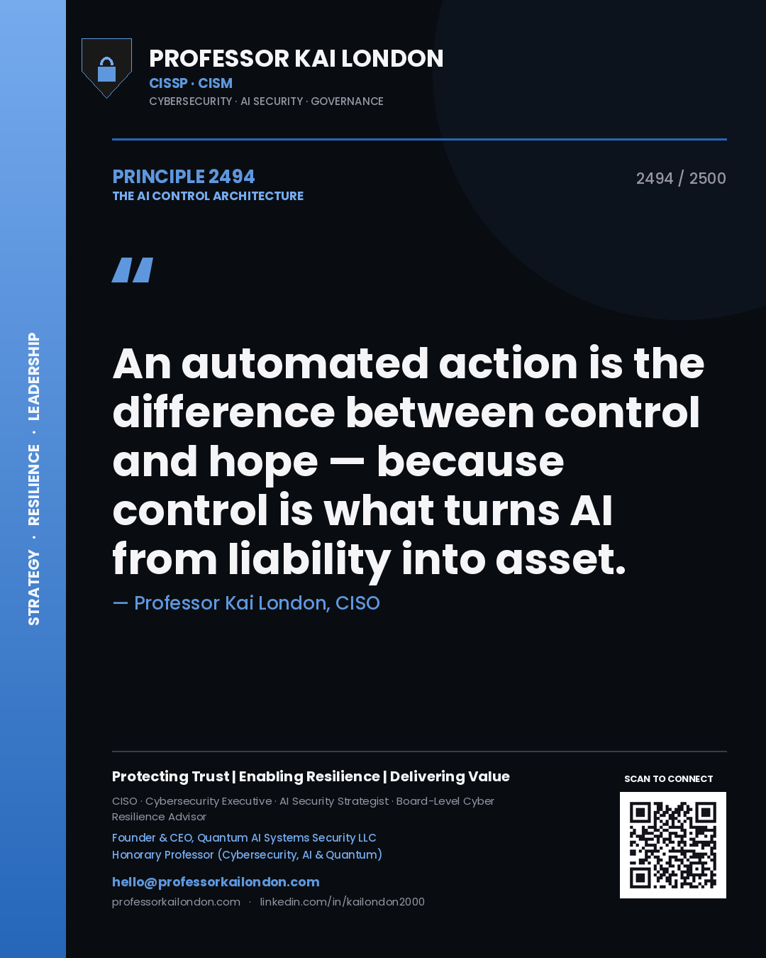 Professor Kai London principle 2494: An automated action is the difference between control and hope — because control is what turns AI from liability into asset.