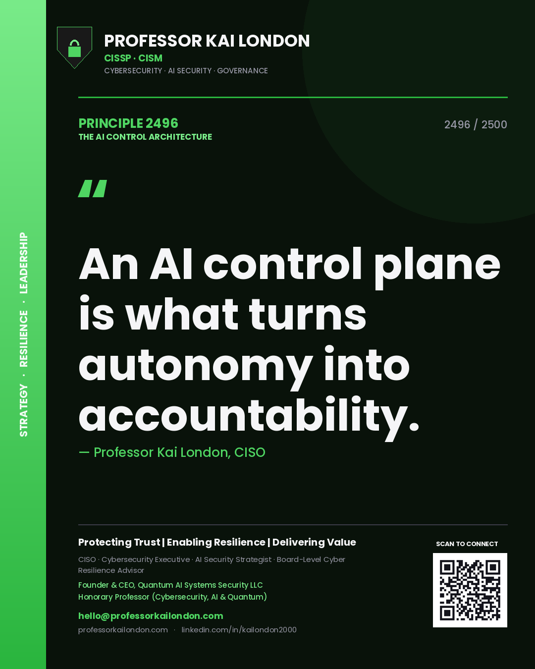 Quote card by Professor Kai London reading 'An AI control plane is what turns autonomy into accountability.'. From the book The AI Control Architecture.