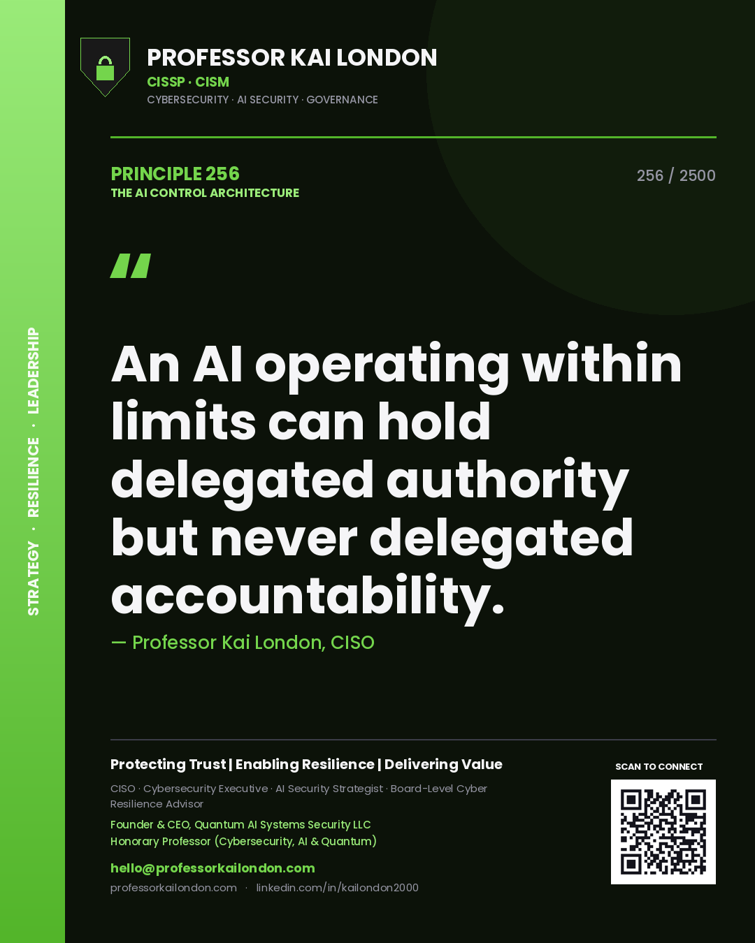 Quote card by Professor Kai London reading 'An AI operating within limits can hold delegated authority but never delegated accountability.'. From the book The AI Control Architecture.