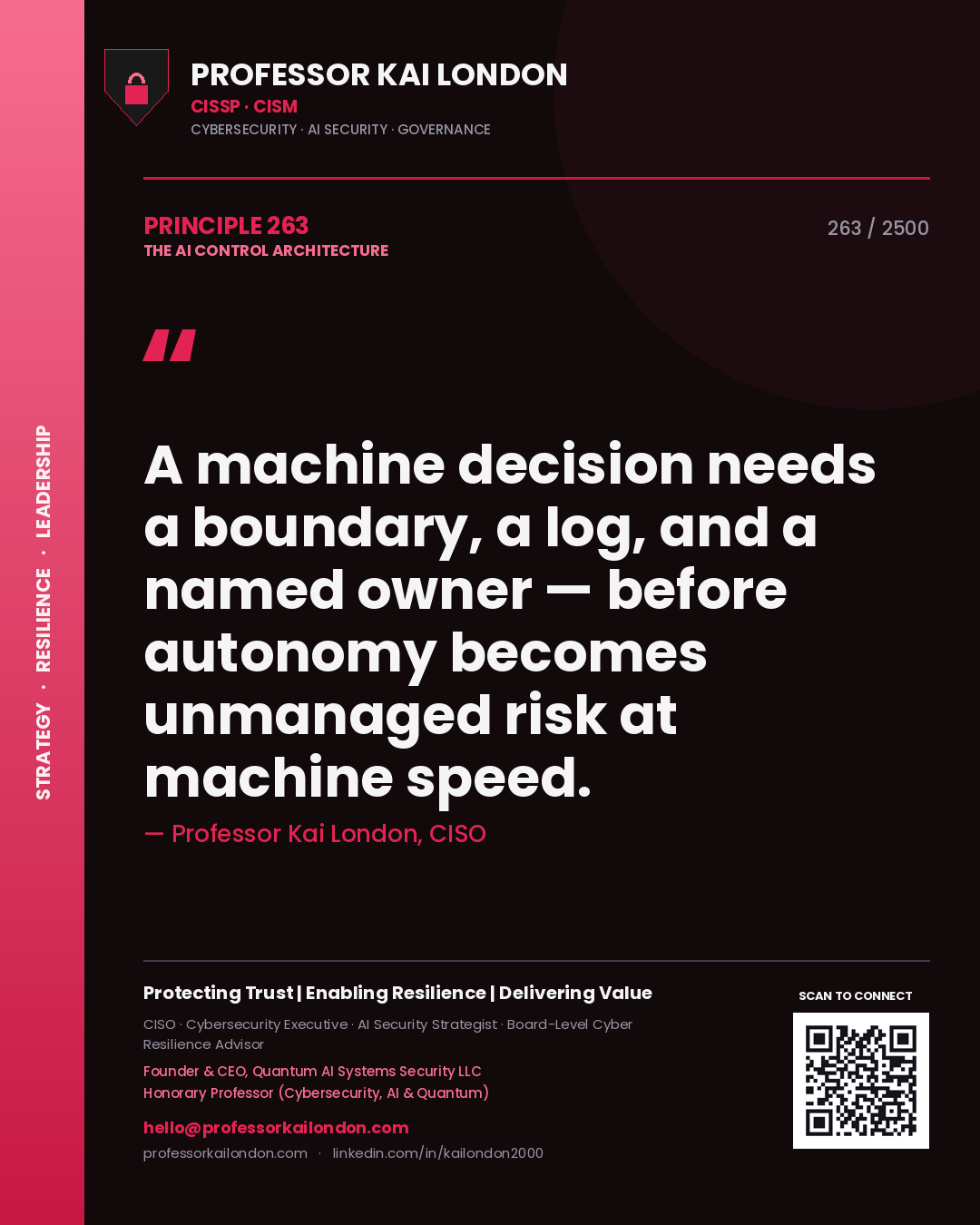 Professor Kai London principle 263: A machine decision needs a boundary, a log, and a named owner — before autonomy becomes unmanaged risk at machine speed.