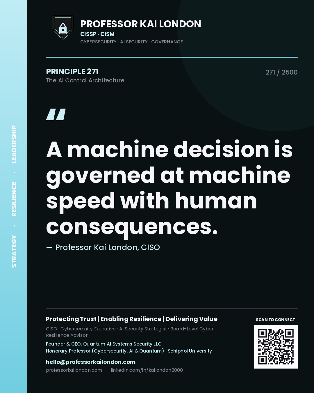 Quote card by Professor Kai London reading 'A machine decision is governed at machine speed with human consequences.'. From the book The AI Control Architecture.