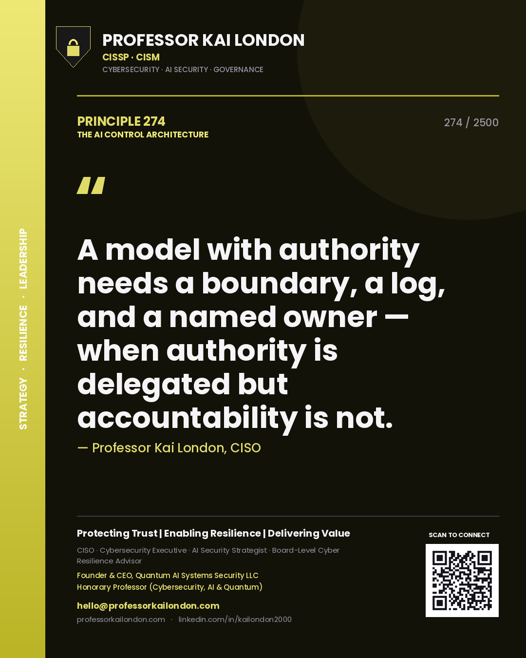Professor Kai London principle 274: A model with authority needs a boundary, a log, and a named owner — when authority is delegated but accountability is not.