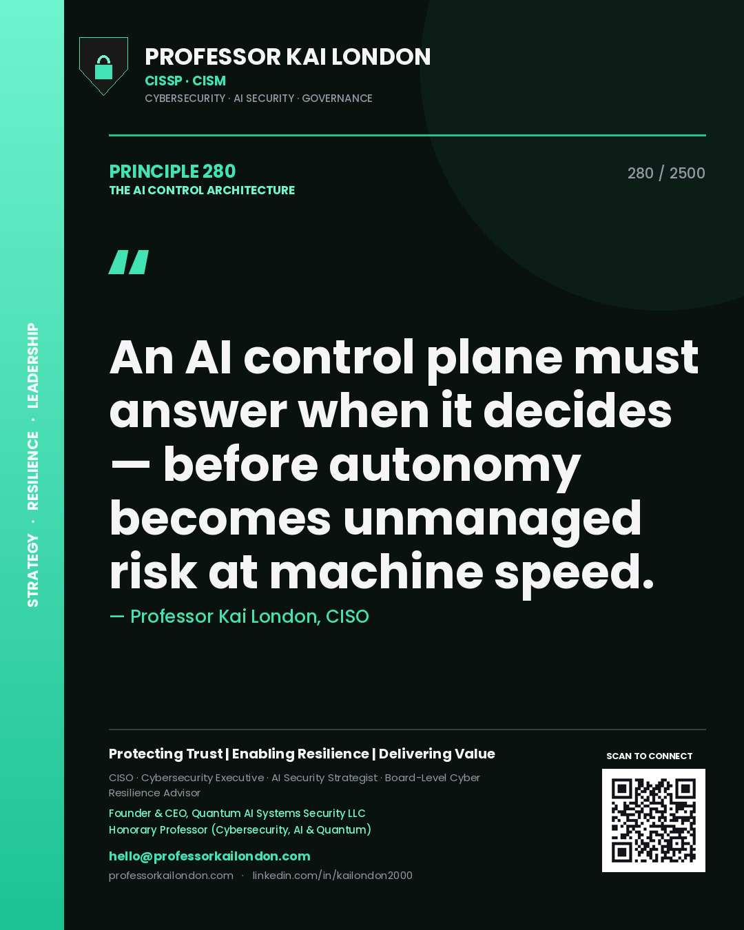Quote card by Professor Kai London reading 'An AI control plane must answer when it decides — before autonomy becomes unmanaged risk at machine speed.'. From the book The AI Control Architecture.