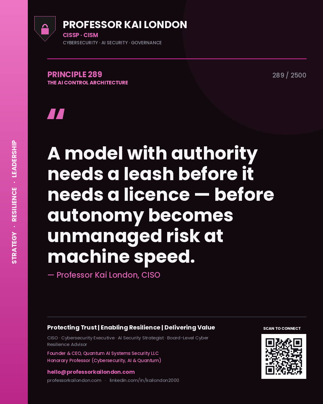 Professor Kai London principle 289: A model with authority needs a leash before it needs a licence — before autonomy becomes unmanaged risk at machine speed.