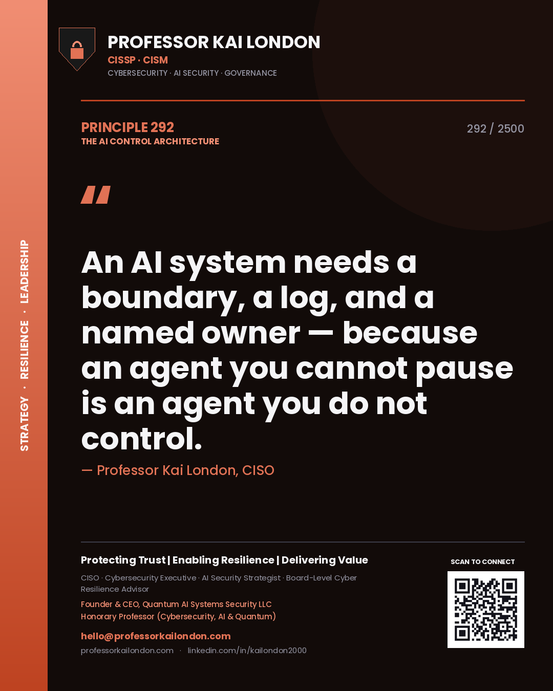 Quote card by Professor Kai London reading 'An AI system needs a boundary, a log, and a named owner — because an agent you cannot pause is an agent you do not control.'. From the book The AI Control Architecture.