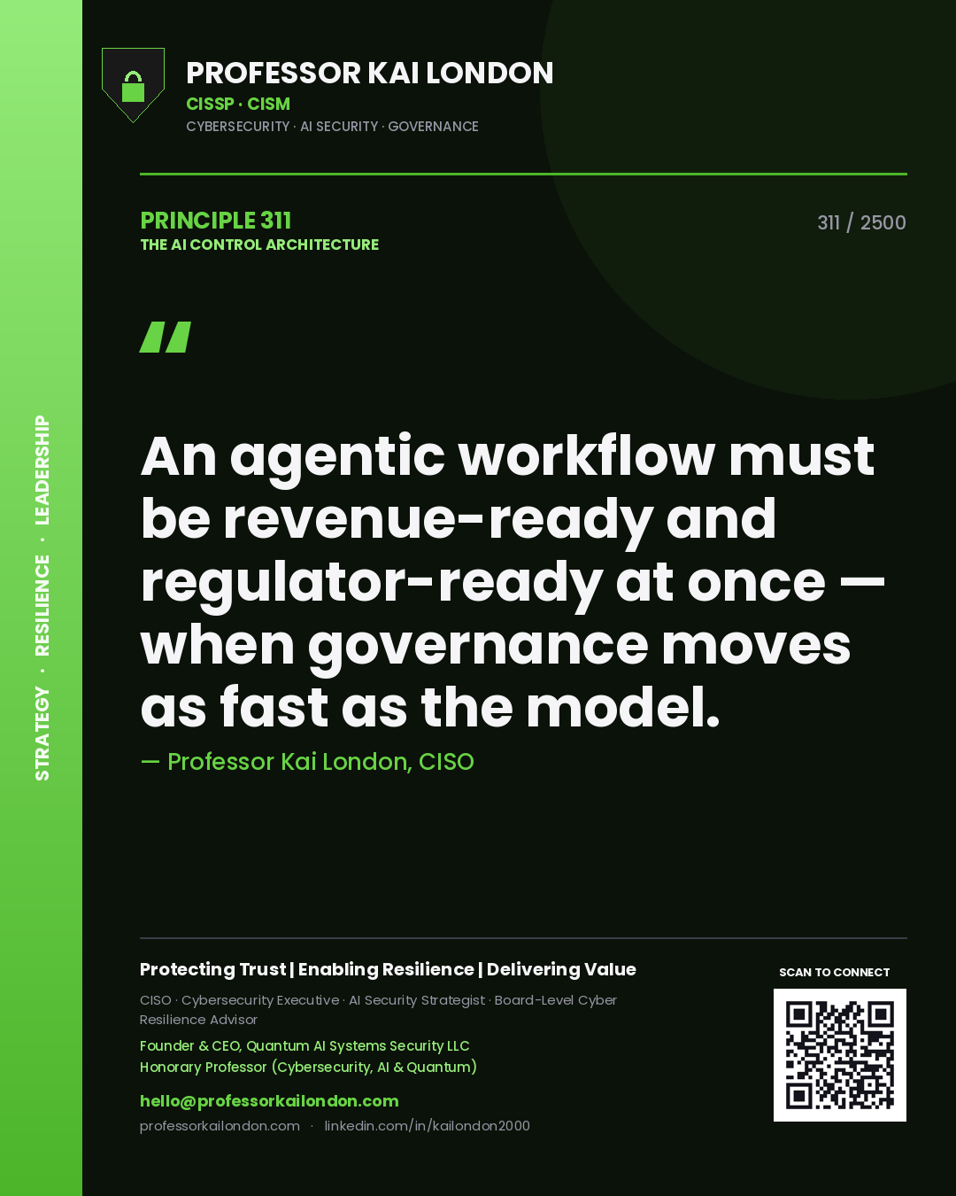Professor Kai London principle 311: An agentic workflow must be revenue-ready and regulator-ready at once — when governance moves as fast as the model.