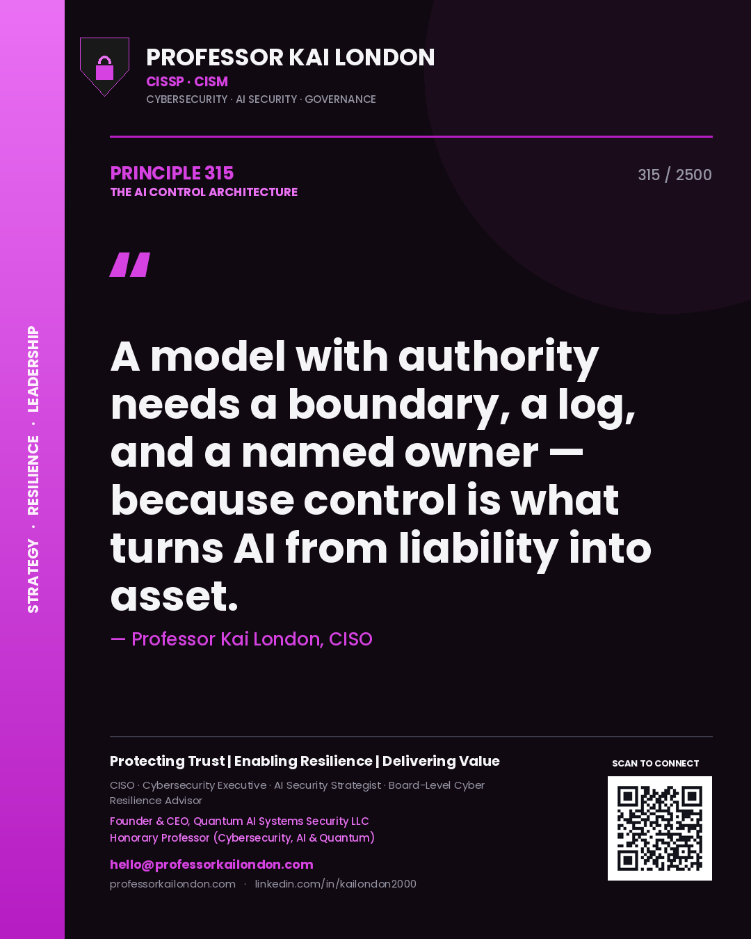 Professor Kai London principle 315: A model with authority needs a boundary, a log, and a named owner — because control is what turns AI from liability into asset.