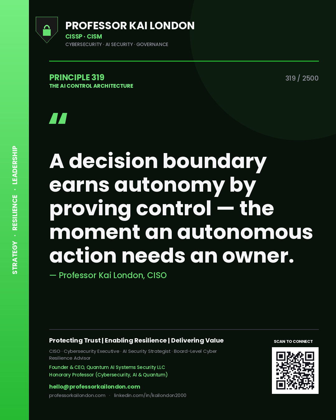 Quote card by Professor Kai London reading 'A decision boundary earns autonomy by proving control — the moment an autonomous action needs an owner.'. From the book The AI Control Architecture.
