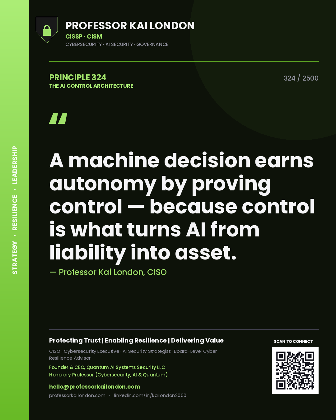 Professor Kai London principle 324: A machine decision earns autonomy by proving control — because control is what turns AI from liability into asset.