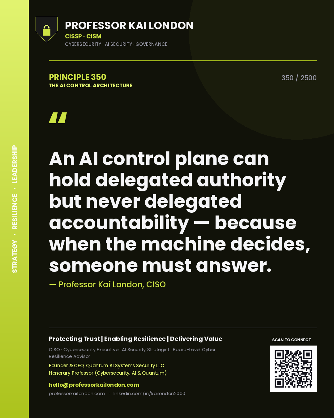 Quote card by Professor Kai London reading 'An AI control plane can hold delegated authority but never delegated accountability — because when the machine decides, someone must answer.'. From the book The AI Control Architecture.