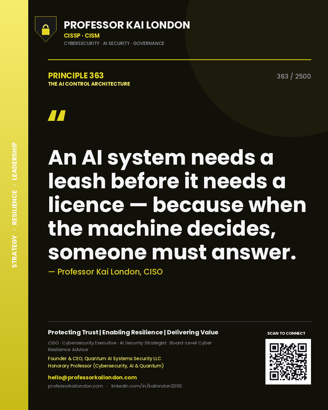 Quote card by Professor Kai London reading 'An AI system needs a leash before it needs a licence — because when the machine decides, someone must answer.'. From the book The AI Control Architecture.