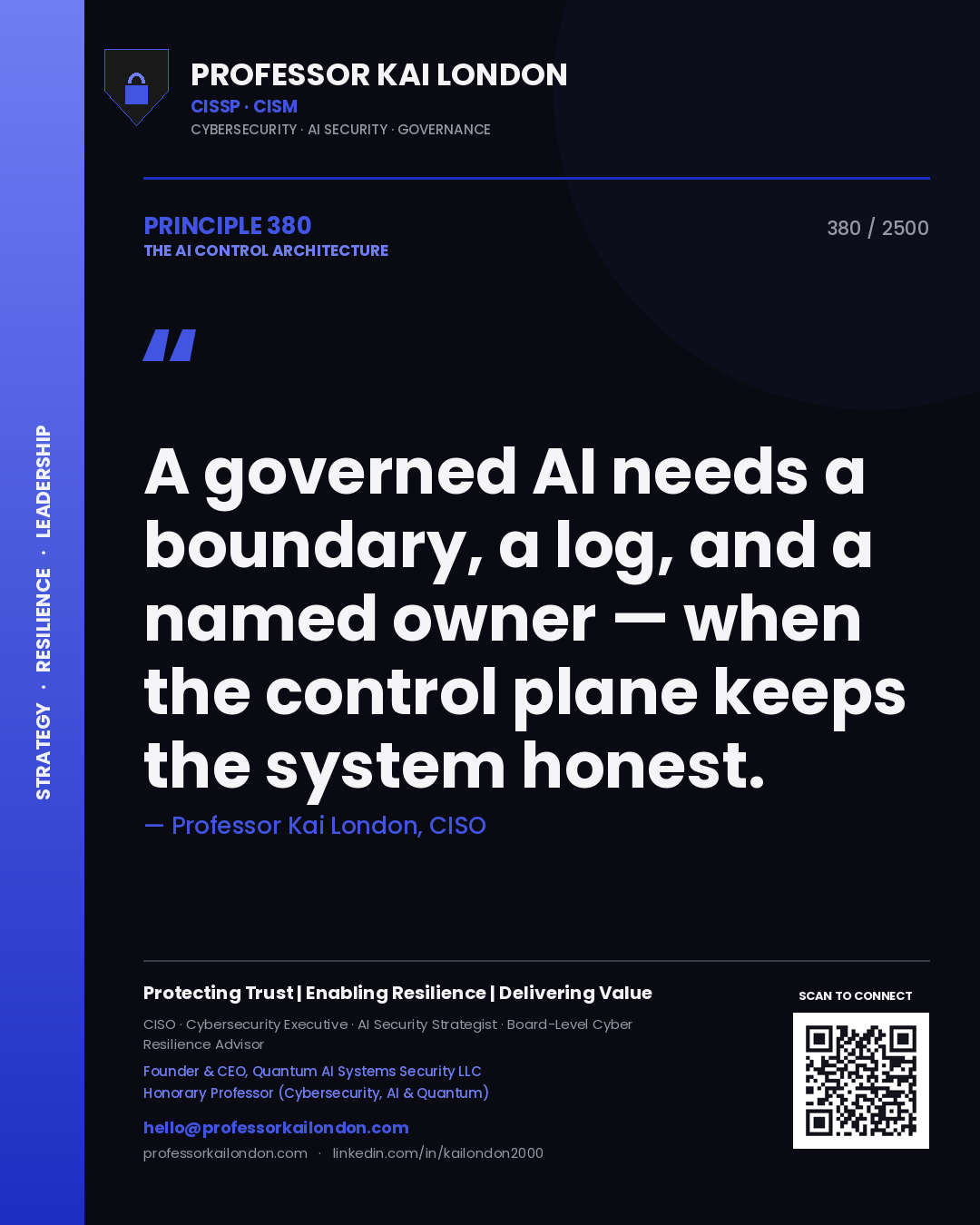 Professor Kai London principle 380: A governed AI needs a boundary, a log, and a named owner — when the control plane keeps the system honest.