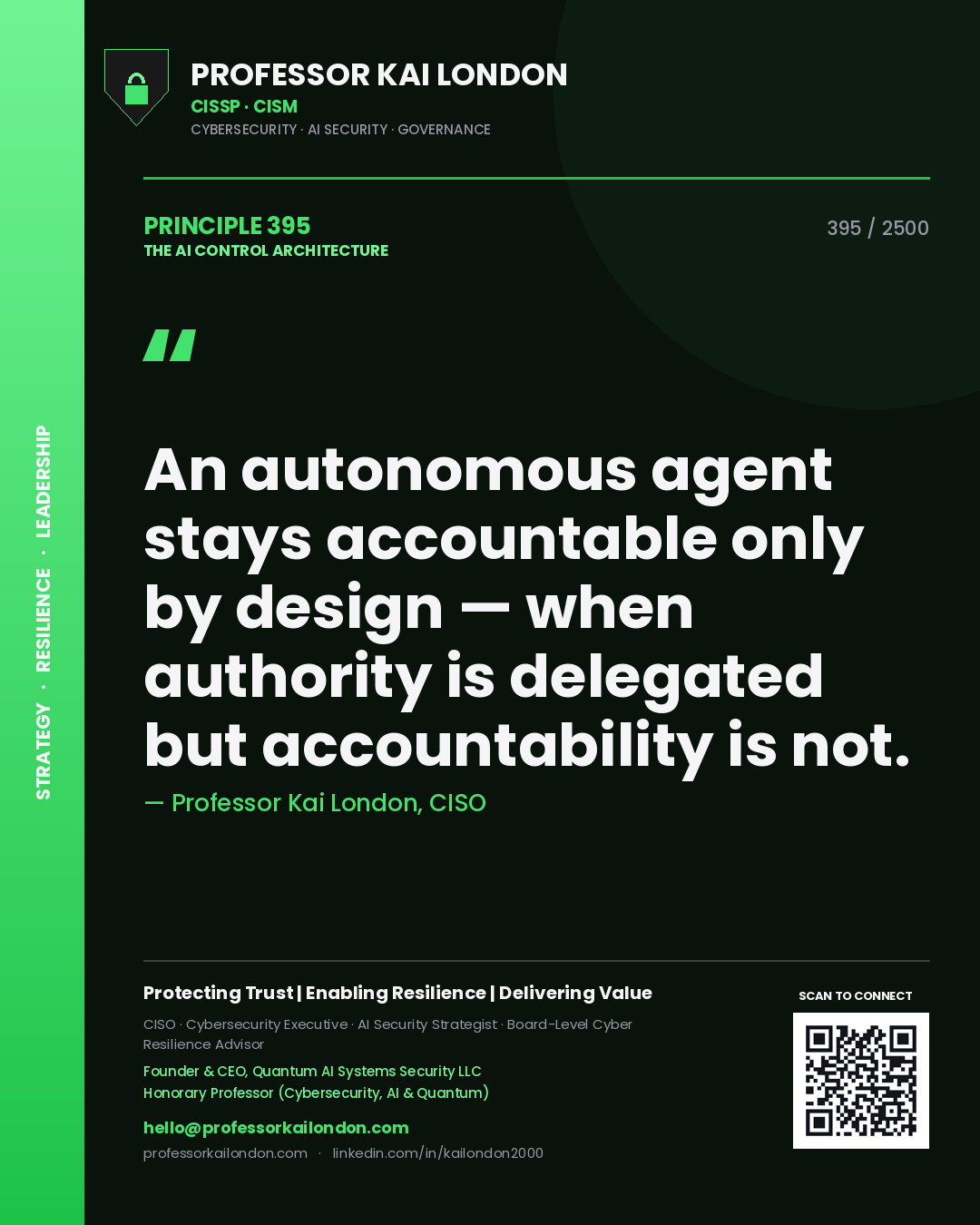 Professor Kai London principle 395: An autonomous agent stays accountable only by design — when authority is delegated but accountability is not.