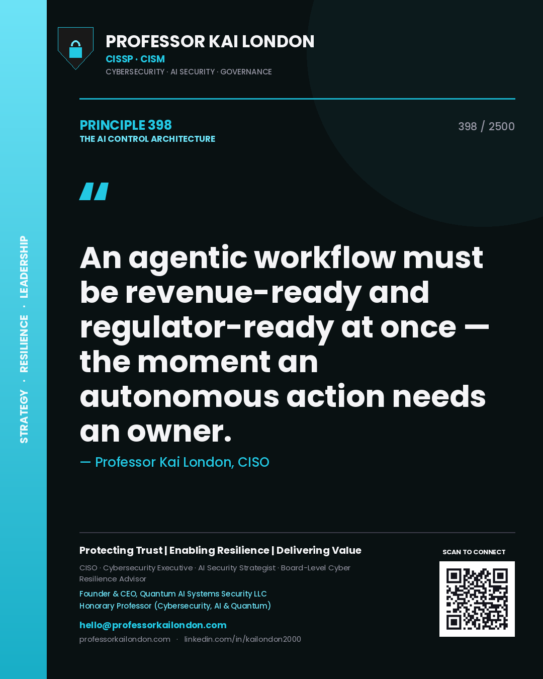 Professor Kai London principle 398: An agentic workflow must be revenue-ready and regulator-ready at once — the moment an autonomous action needs an owner.