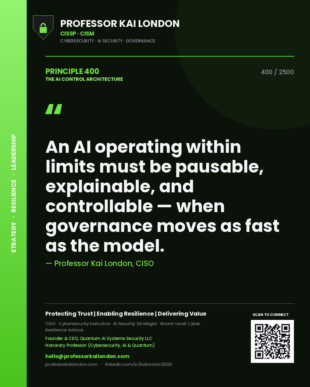 Professor Kai London principle 400: An AI operating within limits must be pausable, explainable, and controllable — when governance moves as fast as the model.
