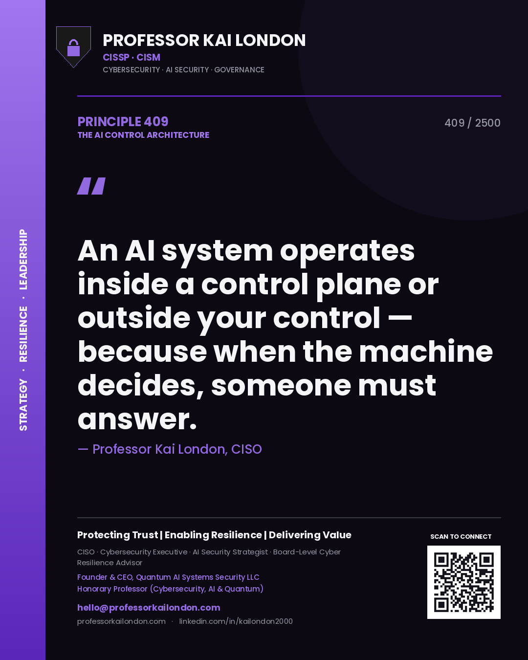 Professor Kai London principle 409: An AI system operates inside a control plane or outside your control — because when the machine decides, someone must answer.