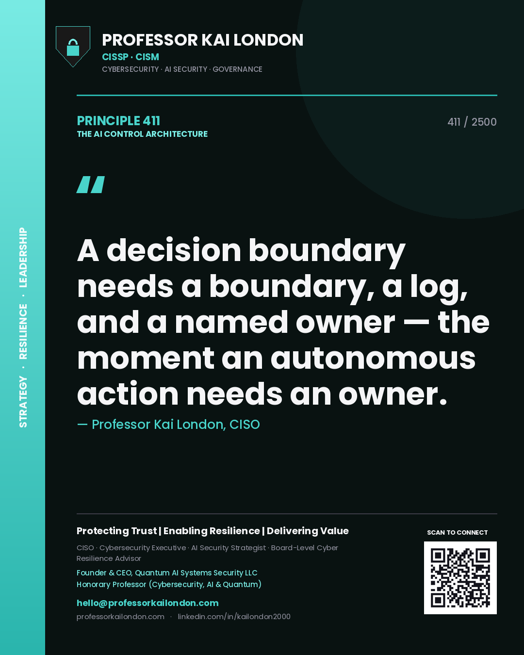 Professor Kai London principle 411: A decision boundary needs a boundary, a log, and a named owner — the moment an autonomous action needs an owner.