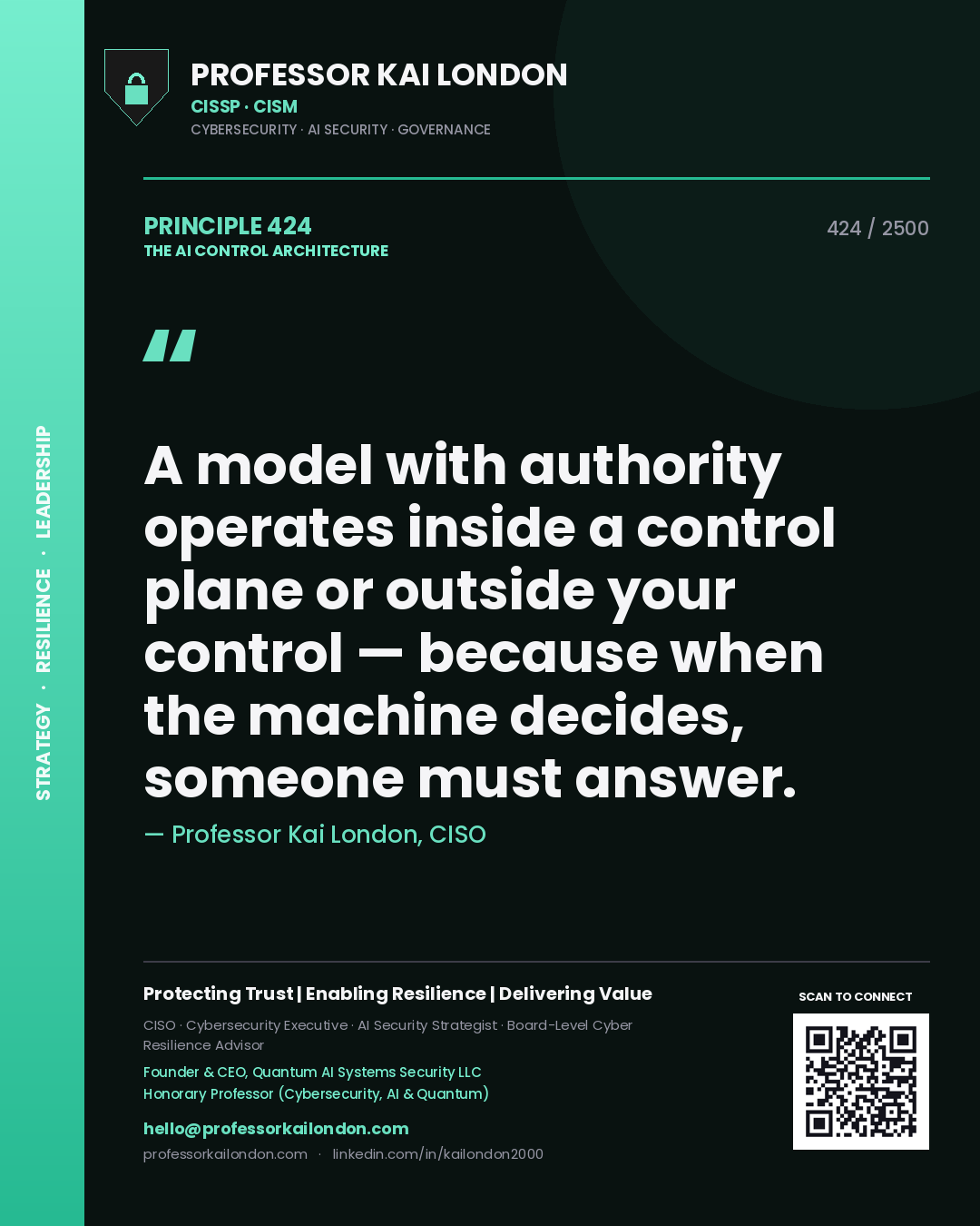 Professor Kai London principle 424: A model with authority operates inside a control plane or outside your control — because when the machine decides, someone must answer.